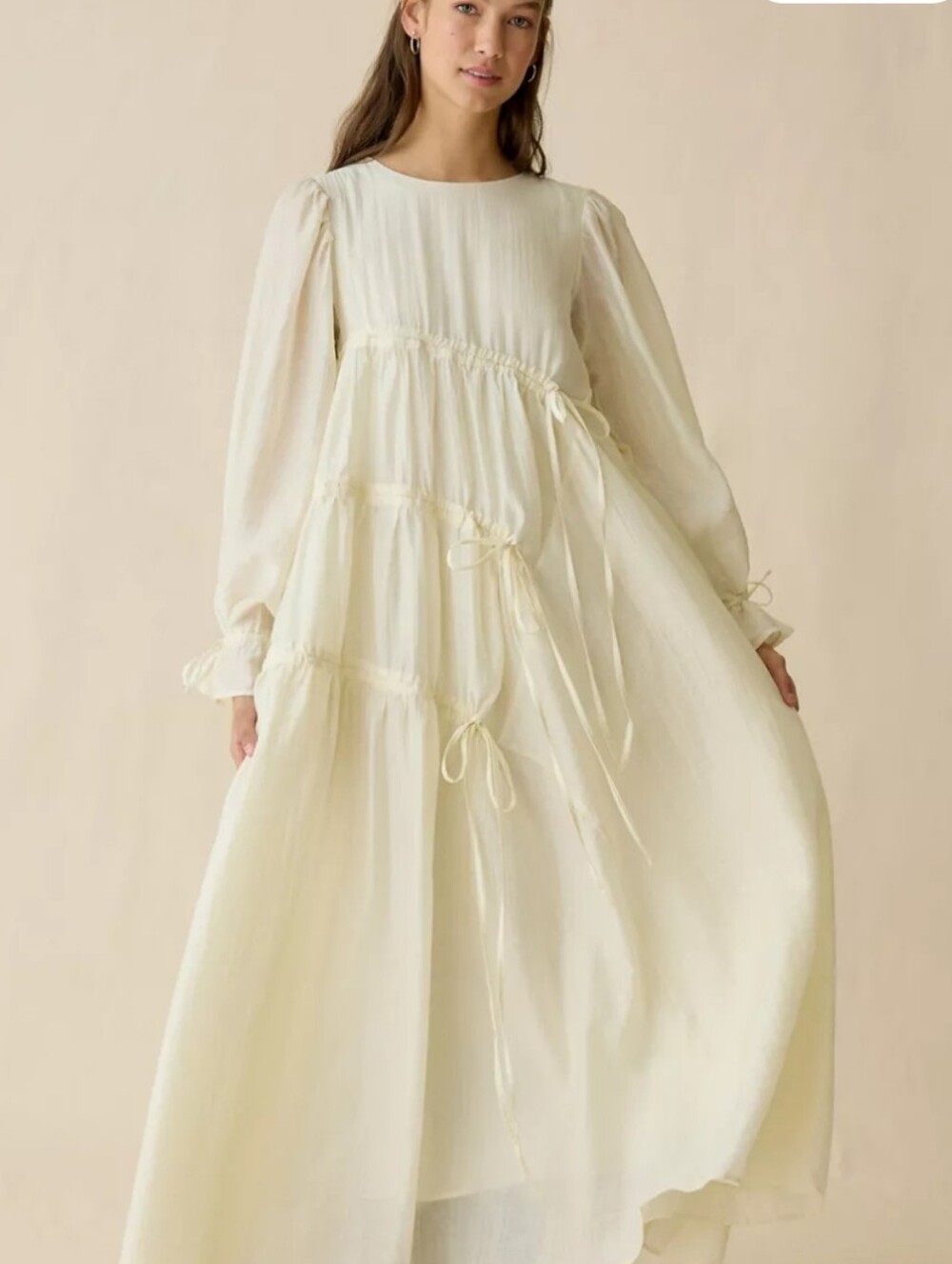 NWT Urban Outfitters Ghospell Catalina Ruched Ivory Long Sleeve Maxi Dress L